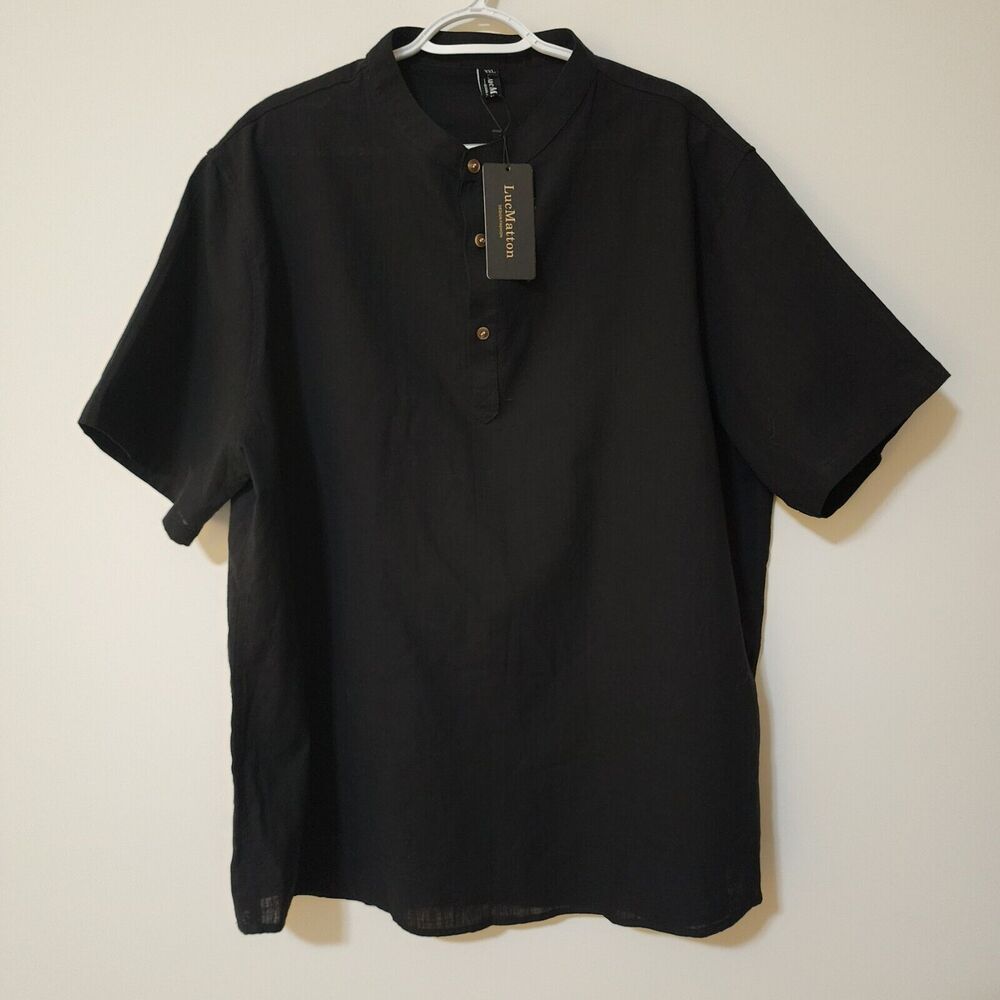 NWT Luc Matton Mens Linen Cotton Casual Shirt Black Short Sleeve 3/4 Button XXL